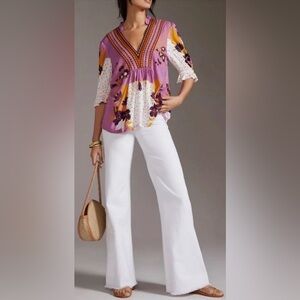 Bl^Nk London Anthropologie STEPHANIE Purple Petite Small Gold Floral V-Neck Top